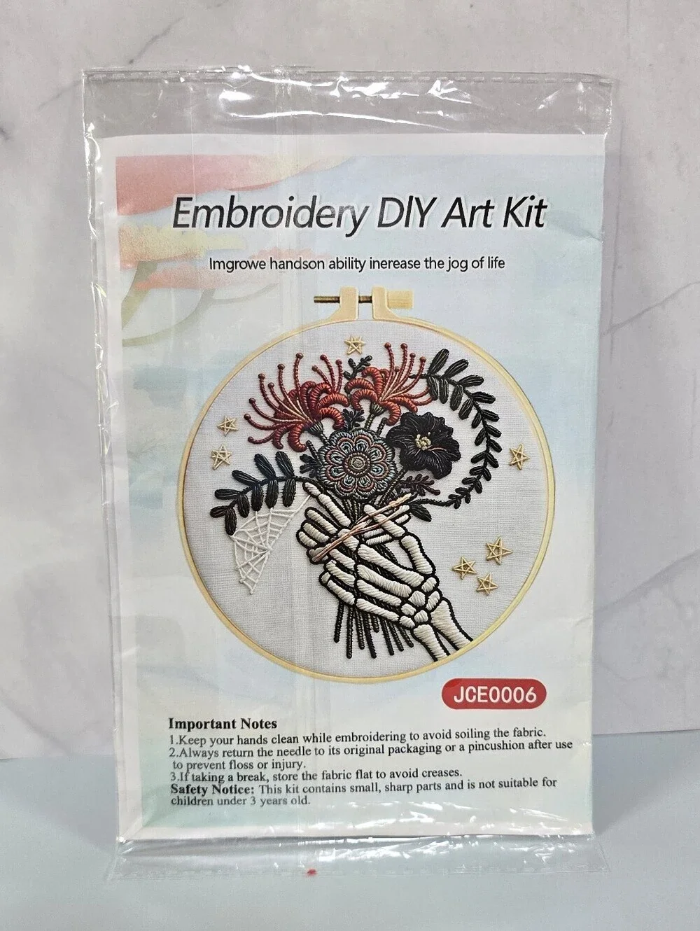 DIY Embroidery for Beginners Craft Kit Skeleton Hands Holding Flowers NWT